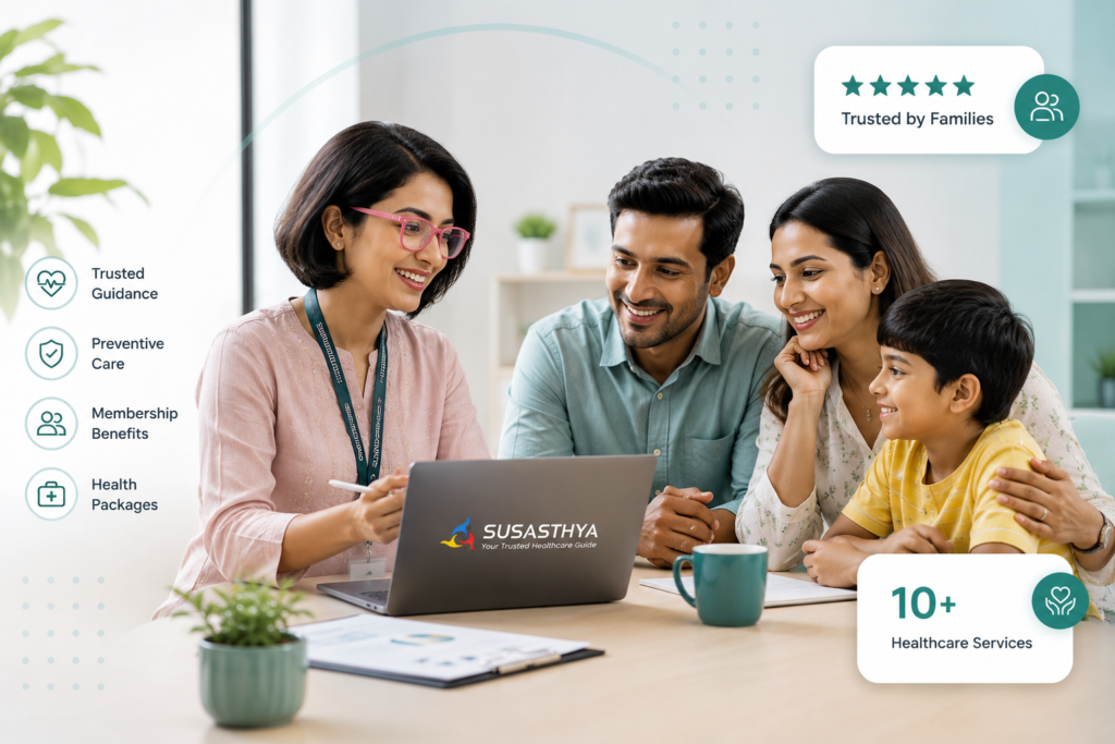 Family reviewing their healthcare plan with a SUSASTHYA guide