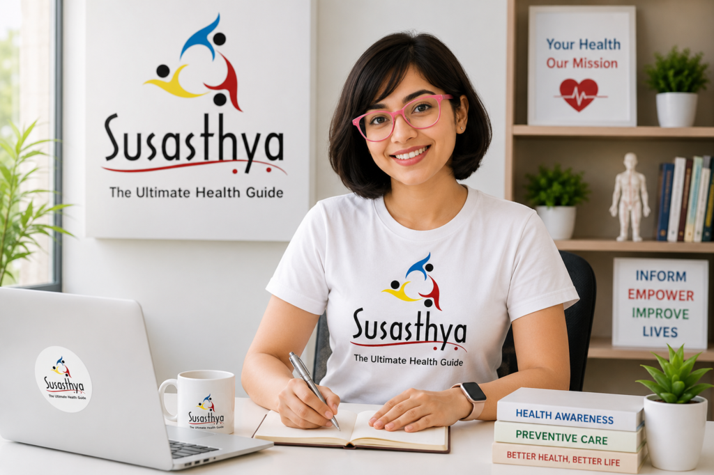 SUSASTHYA team member at her desk with a laptop, reviewing health guidance materials